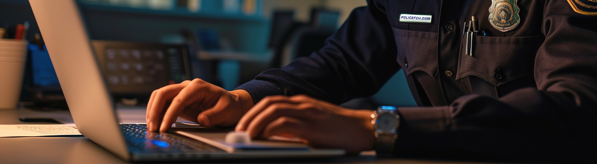 Police officer typing on a laptop